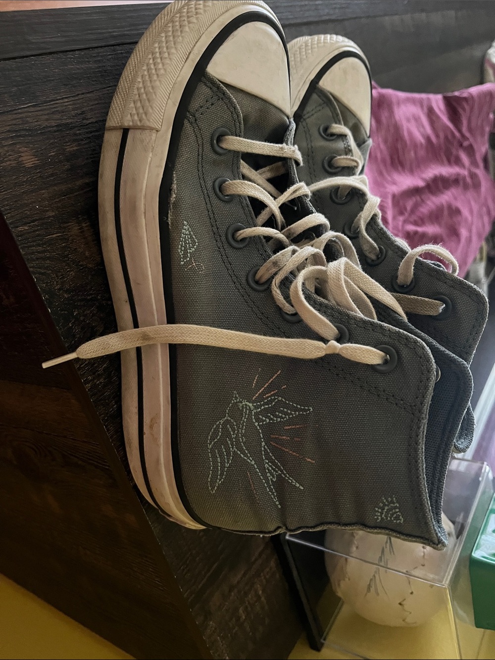 High-Top Canvas Sneakers in cadet blue with Embroidered Bird